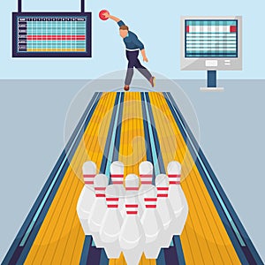 Bowling game banner template. Vector flat design illustration of bowler player with ball and skittles on bowling alley