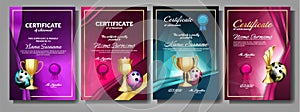 Bowling Game Certificate Diploma With Golden Cup Set Vector. Sport Award Template. Achievement Design. Honor Background