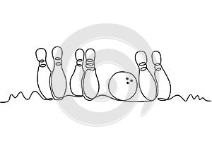 Bowling game continuous one line drawing vector illustration. Sport theme sign and symbol with ball and pins isolated on white