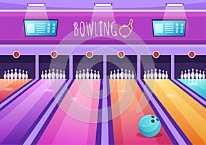 Bowling Game Hand Drawn Cartoon Flat Background Design Illustration with Pins, Balls and Scoreboards in a Sport Club or Activity photo