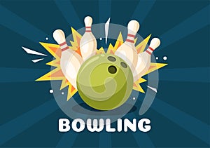 Bowling Game Hand Drawn Cartoon Flat Background Design Illustration with Pins, Balls and Scoreboards in a Sport Club or Activity photo