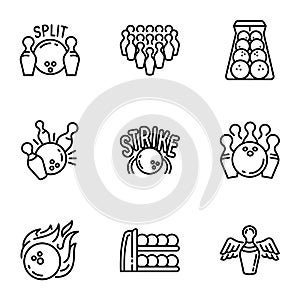 Bowling game icon set, outline style