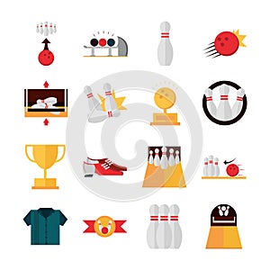 Bowling game recreational sport shoes trophy ball pin shirt flat icons set