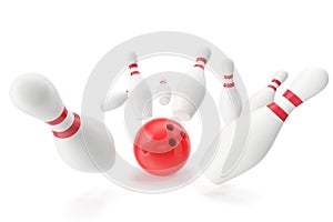 Bowling game, red ball crashing into the skittles. 3d illustration