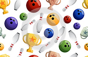 Bowling game seamless pattern vector illustration. Ball crashing into the pins, getting strike. Bowling tournament. Winner of