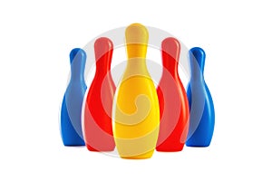 Bowling game. Skittles and ball toys isolated on white background