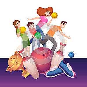 Bowling happy family playing in bowling center vector cartoon characters