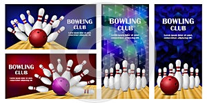 Bowling kegling banner concept set, realistic style photo