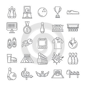 Bowling kegling game icons set, outline style