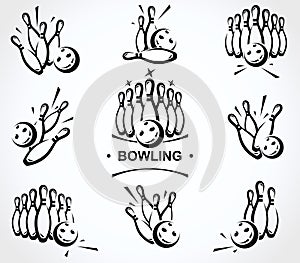 Bowling label and element set. Collection element bowling. Vector