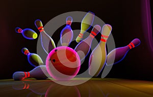 Bowling lane with ball and pins in neon light.