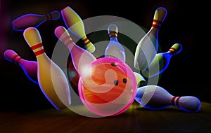 Bowling lane with ball and pins in neon light.