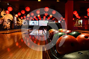 Bowling lane and balls in the row in bowling center.