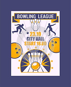 Bowling league banner, poster vector illustration. Ball crashing into the pins,getting strike. Bowling city hall photo