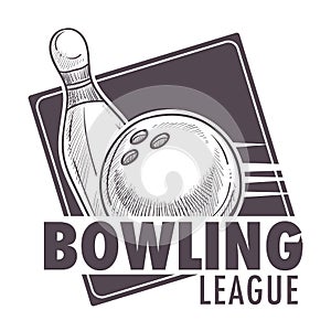 Bowling league poster with ball and skittle monochrome