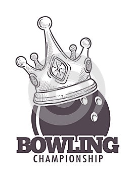 Bowling league poster with ball and skittle monochrome sketch outline vector.