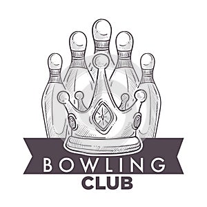 Bowling league poster with ball and skittle monochrome sketch outline vector.