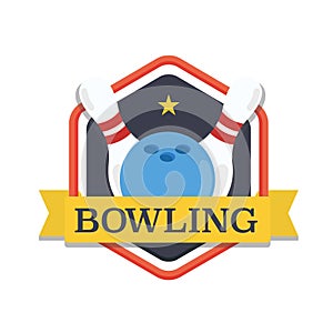 Bowling logo,design template, emblem tournament template. Skittles and ball with ribbons.