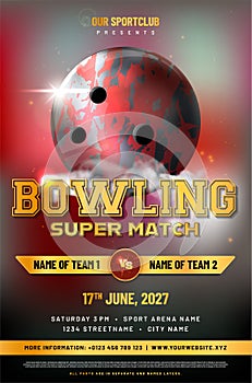 Bowling match poster template with ball and sample text in separate layer