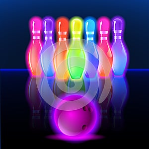 Bowling neon glowing pins. Vector clip art illustration