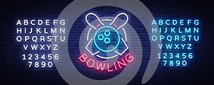 Bowling is a neon sign. Symbol emblem, Neon style logo, Luminous advertising banner, bright billboard, Design template