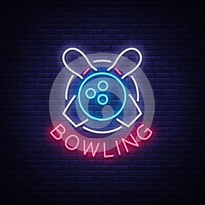 Bowling is a neon sign. Symbol emblem, Neon style logo, Luminous advertising banner, Night bright luminous billboard