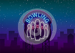 Bowling is a neon sign. Symbol emblem, Neon style logo, Luminous advertising banner, Night bright luminous billboard photo