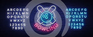 Bowling is a neon sign. Symbol emblem, Neon style logo, Luminous advertising banner, bright billboard, Design template photo