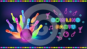 Bowling party template. Tv size banner. Vector clip art illustration