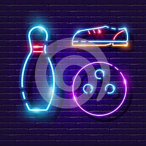 Bowling pin, ball and shoes neon icon. Vector illustration for design. Glowing game sign. Sports concept. Bowling club sign