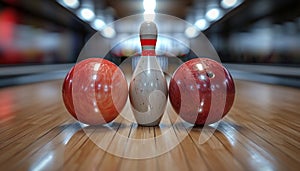 a bowling pin, bowling ball and a bowling ball hitting the wood