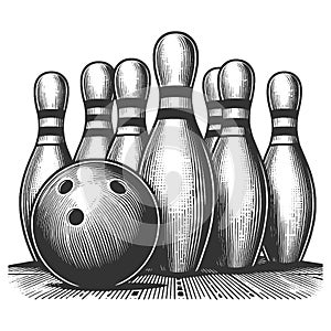 Bowling Pins Ball engraving raster illustration