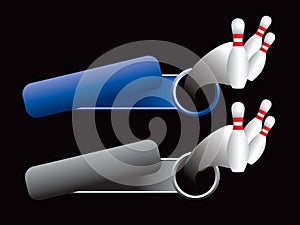 Bowling pins on blue and gray tilted banners