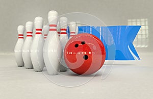 bowling pins and bowling ball with blue flag. 3D render