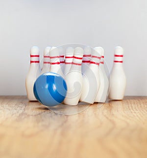 Bowling pins and bowling ball in miniature