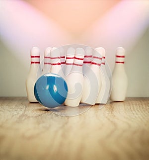 Bowling pins and bowling ball in miniature