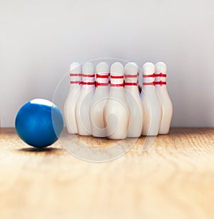 Bowling pins and bowling ball in miniature
