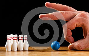 Bowling pins and bowling ball in miniature