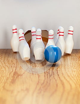 Bowling pins and bowling ball in miniature