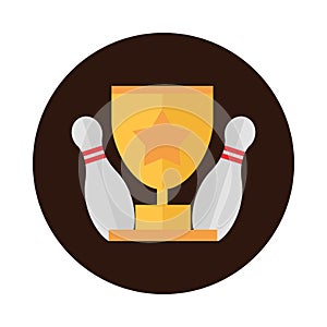 Bowling pins and gold trophy game competition sport block flat icon design