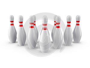 Bowling pins with gray shadow on white background. 3D rendering