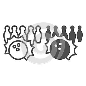 Bowling Pins line and solid icon, bowling concept, Bowling game sign on white background, Skittles and rolling ball icon