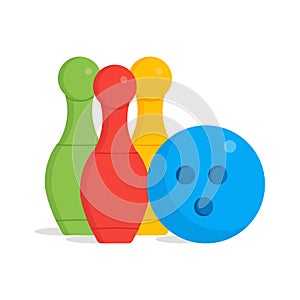 Bowling pins and one ball illustration isolated with clean flat design. Kids toys illustration