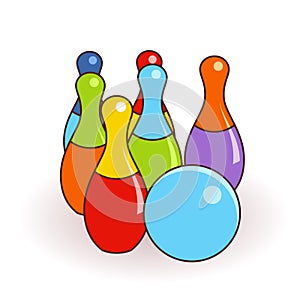 Bowling pins and one ball illustration isolated with clean flat design. Kids toys illustration.