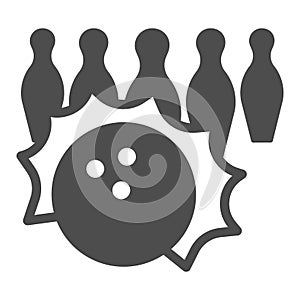 Bowling Pins solid icon, bowling concept, Bowling game sign on white background, Skittles and rolling ball icon in glyph