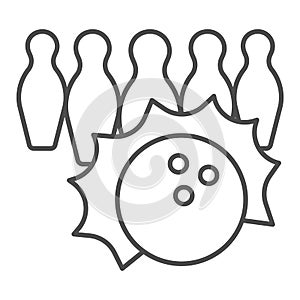 Bowling Pins thin line icon, bowling concept, Bowling game sign on white background, Skittles and rolling ball icon in