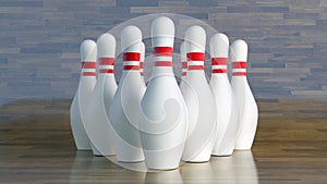 Bowling pins, white with red stripes aligned to get hit by a bowling ball