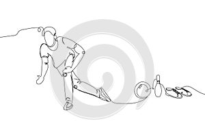Bowling player with ball, skittles and sport shoes set one line art. Continuous line drawing game, leisure, activity