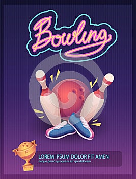 Bowling poster placard with skittles and balls for playing game vector template with place for text