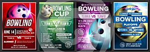 Bowling Poster Set Vector. Design For Sport Pub, Cafe, Bar Promotion. Bowling Club Ball. Modern Tournament. Sport Event